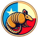 Logo for Red Dirt Ditching and Septic featuring an armadillo patterned with the Texas flag